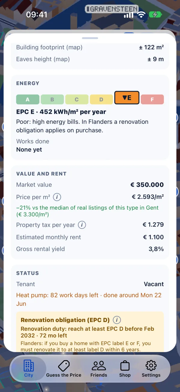 Fiche van een pand met EPC-label en renovaties