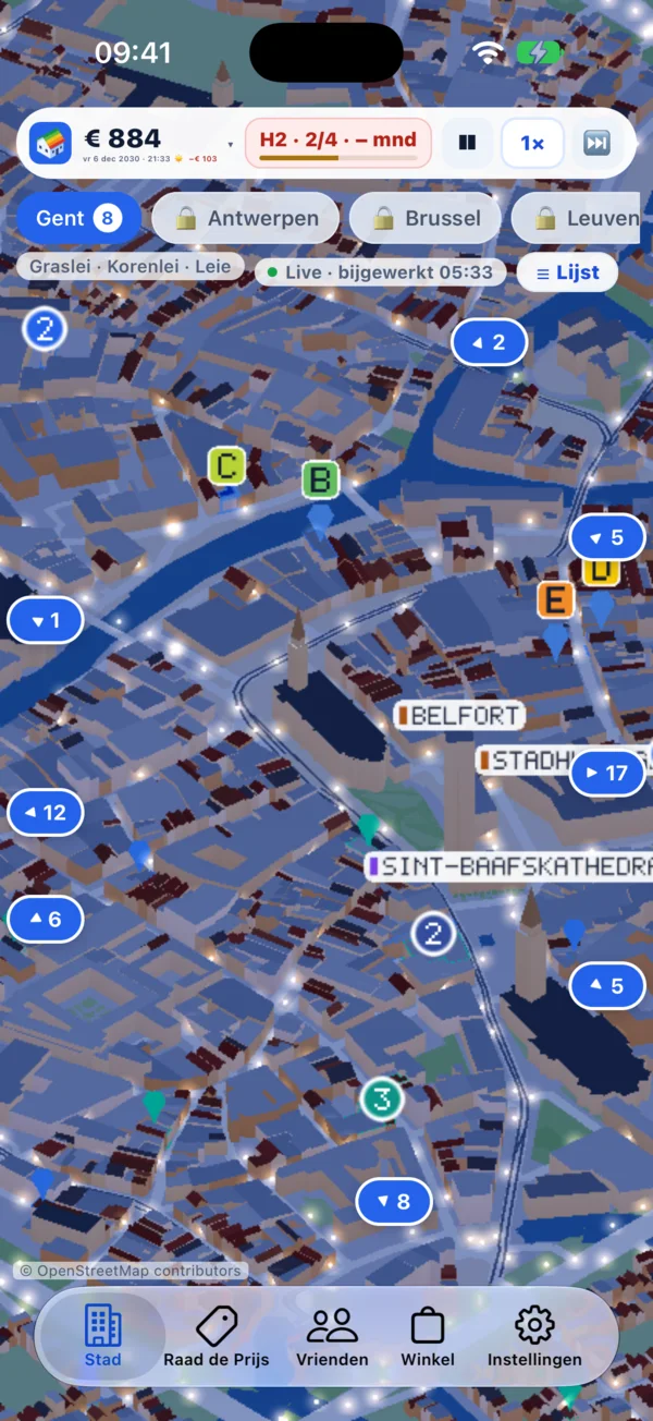 Schermafbeelding van Immoville: Gent bij nacht, met het Belfort, de Sint-Baafskathedraal en panden met hun EPC-label.